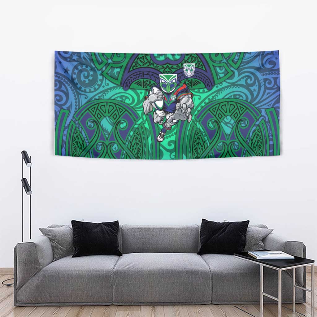 New Zealand Warriors Rugby Tapestry Polynesian Tribal Warrior Mask Green Blue Pattern
