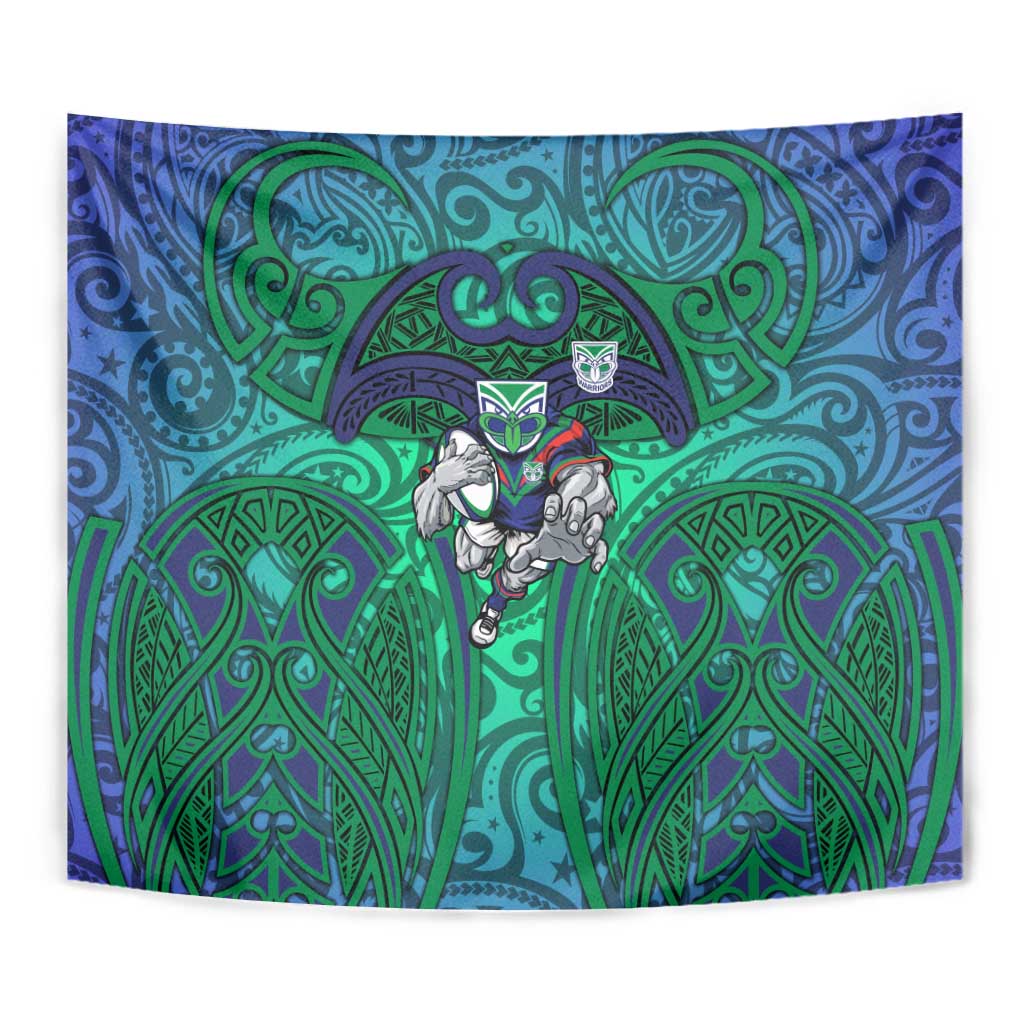New Zealand Warriors Rugby Tapestry Polynesian Tribal Warrior Mask Green Blue Pattern