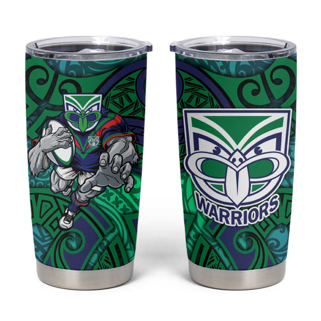 New Zealand Warriors Rugby Tumbler Cup Polynesian Tribal Warrior Mask Green Blue Pattern