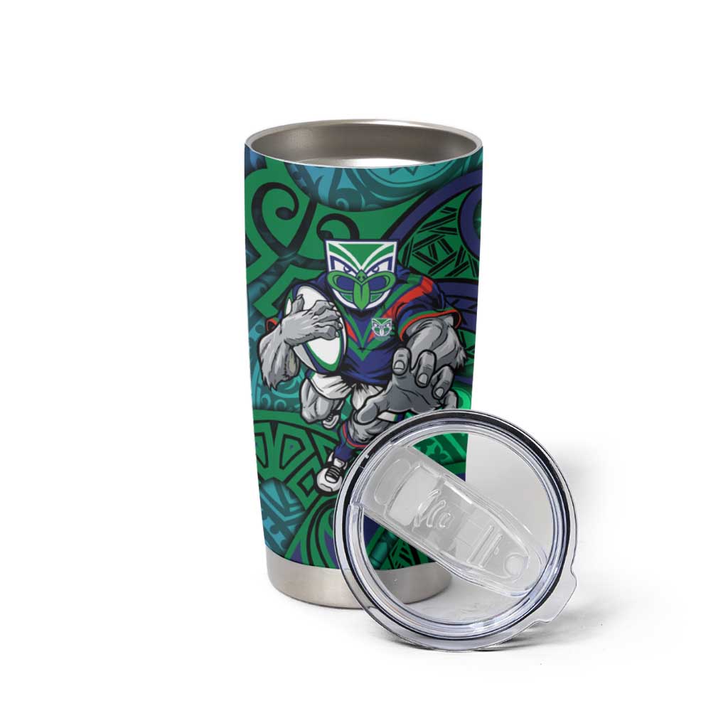 New Zealand Warriors Rugby Tumbler Cup Polynesian Tribal Warrior Mask Green Blue Pattern
