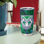 New Zealand Warriors Rugby Tumbler Cup Polynesian Tribal Warrior Mask Green Blue Pattern