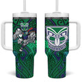 New Zealand Warriors Rugby Tumbler With Handle Polynesian Tribal Warrior Mask Green Blue Pattern