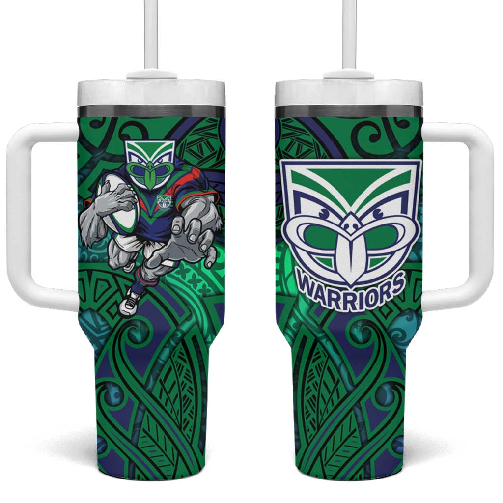 New Zealand Warriors Rugby Tumbler With Handle Polynesian Tribal Warrior Mask Green Blue Pattern