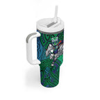 New Zealand Warriors Rugby Tumbler With Handle Polynesian Tribal Warrior Mask Green Blue Pattern