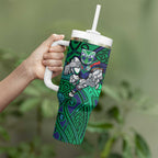 New Zealand Warriors Rugby Tumbler With Handle Polynesian Tribal Warrior Mask Green Blue Pattern