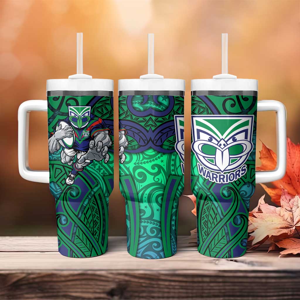 New Zealand Warriors Rugby Tumbler With Handle Polynesian Tribal Warrior Mask Green Blue Pattern