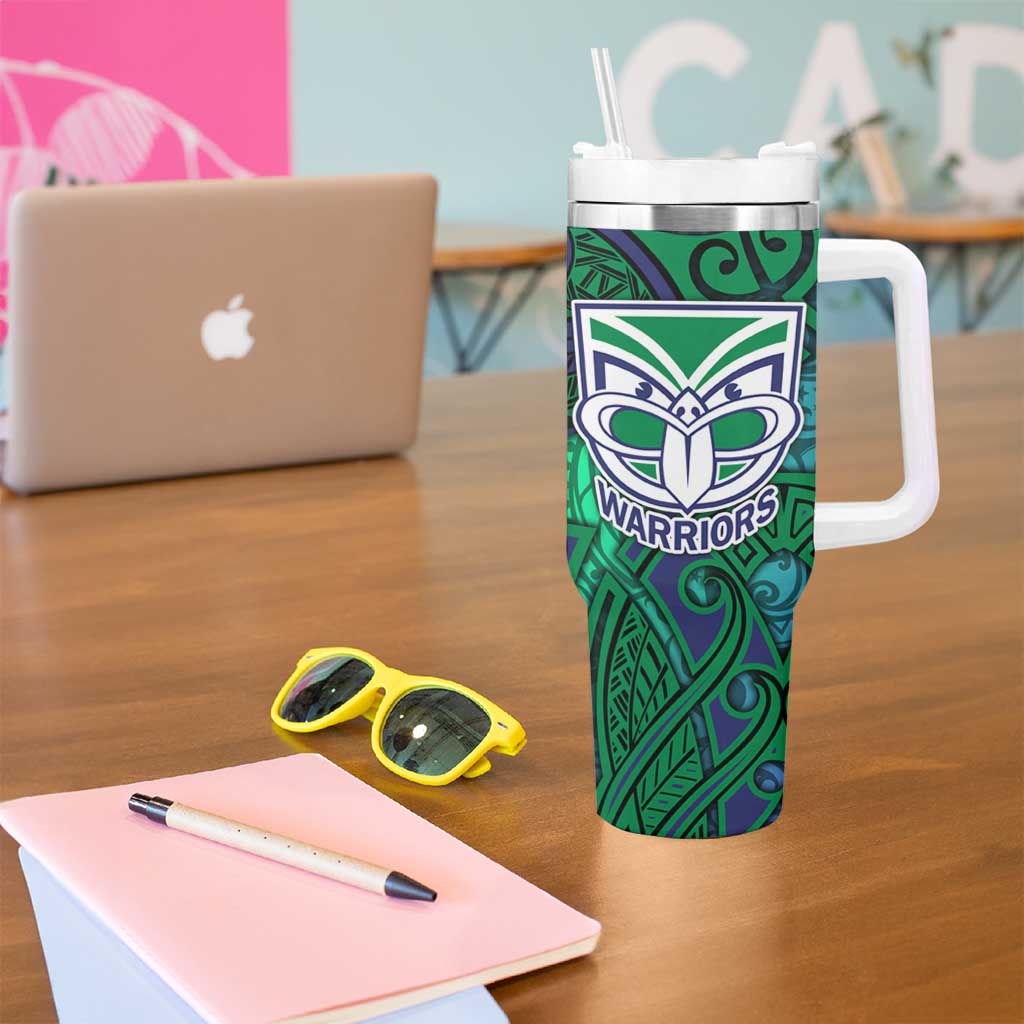 New Zealand Warriors Rugby Tumbler With Handle Polynesian Tribal Warrior Mask Green Blue Pattern