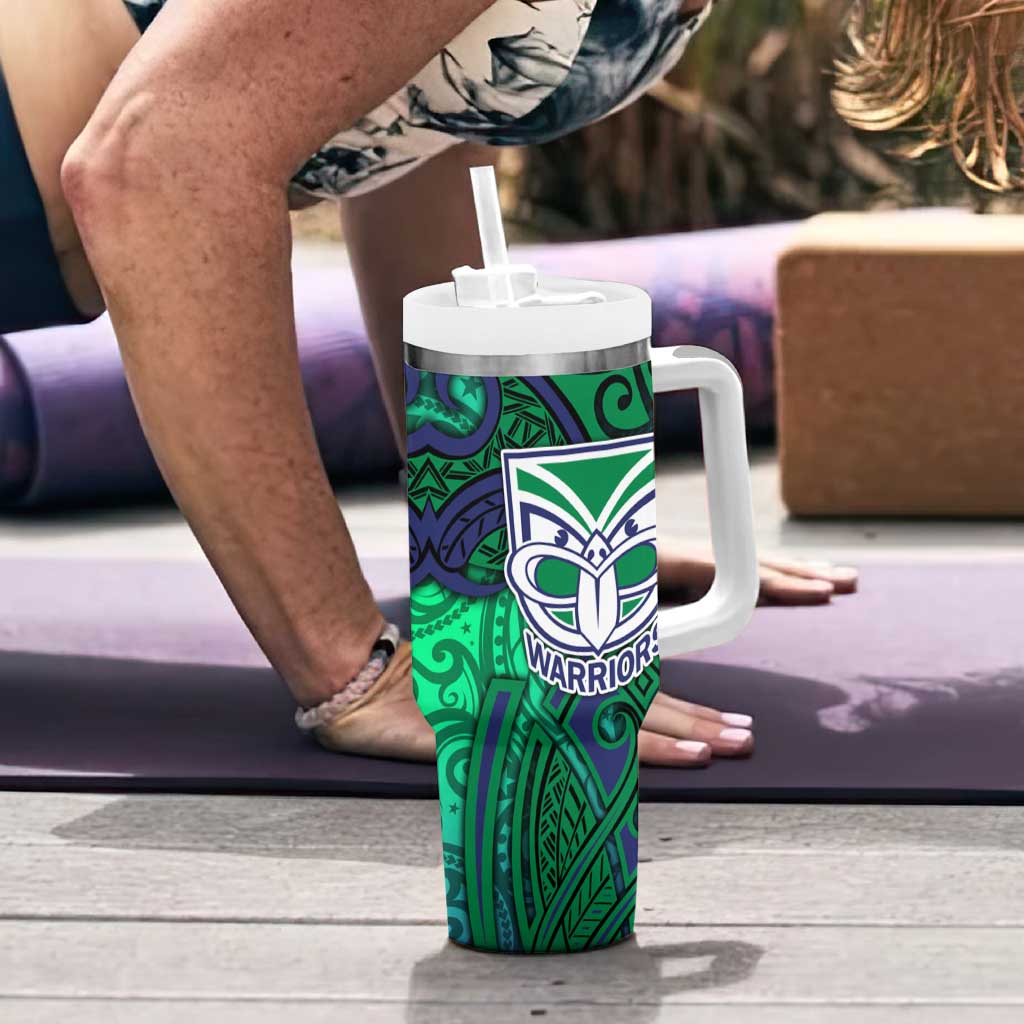 New Zealand Warriors Rugby Tumbler With Handle Polynesian Tribal Warrior Mask Green Blue Pattern