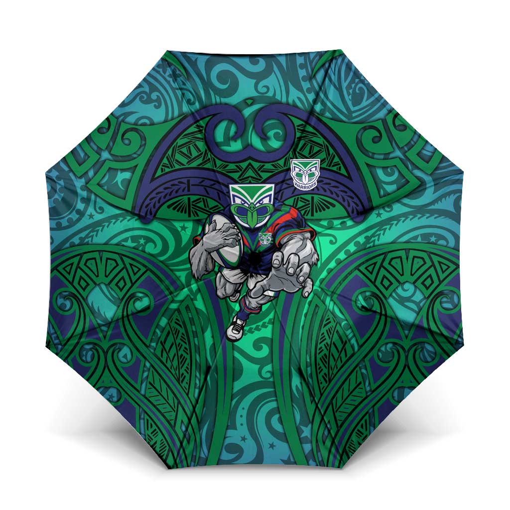 New Zealand Warriors Rugby Umbrella Polynesian Tribal Warrior Mask Green Blue Pattern