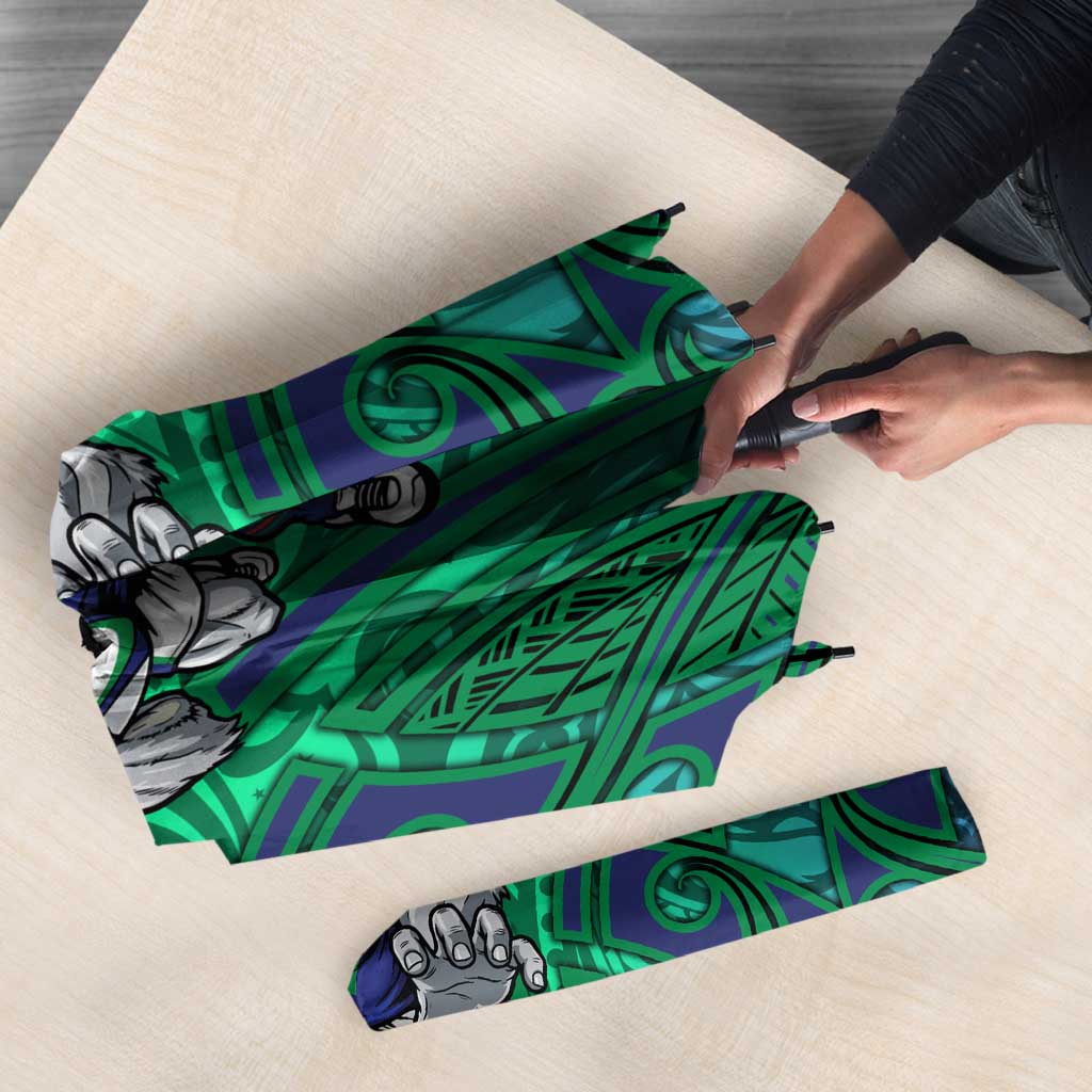 New Zealand Warriors Rugby Umbrella Polynesian Tribal Warrior Mask Green Blue Pattern