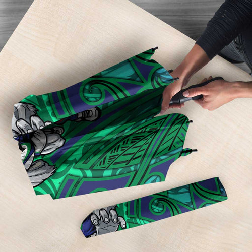 New Zealand Warriors Rugby Umbrella Polynesian Tribal Warrior Mask Green Blue Pattern