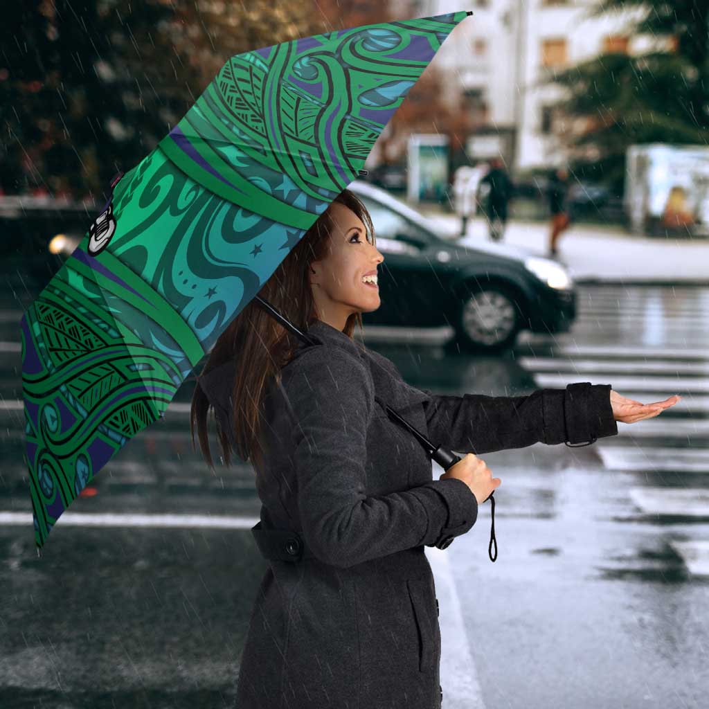 New Zealand Warriors Rugby Umbrella Polynesian Tribal Warrior Mask Green Blue Pattern