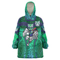 New Zealand Warriors Rugby Wearable Blanket Hoodie Polynesian Tribal Warrior Mask Green Blue Pattern