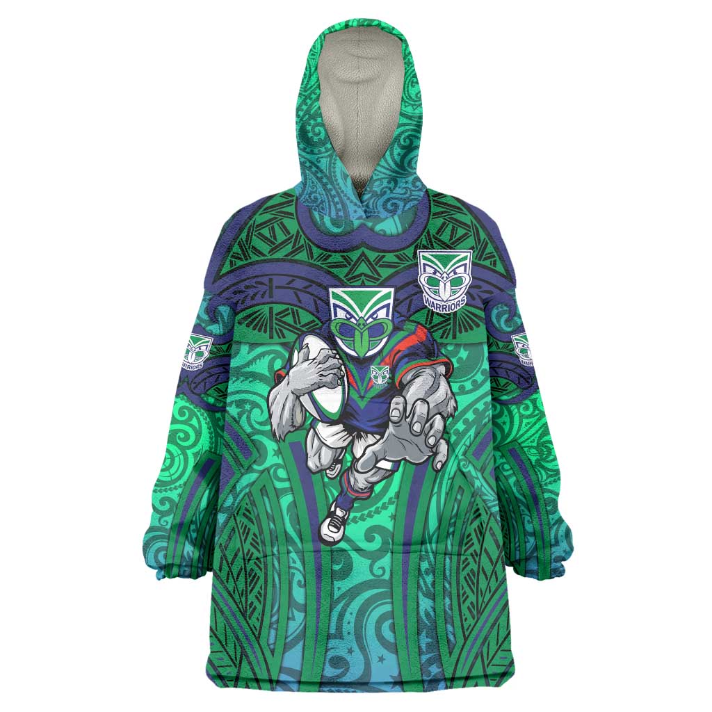 New Zealand Warriors Rugby Wearable Blanket Hoodie Polynesian Tribal Warrior Mask Green Blue Pattern