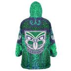 New Zealand Warriors Rugby Wearable Blanket Hoodie Polynesian Tribal Warrior Mask Green Blue Pattern