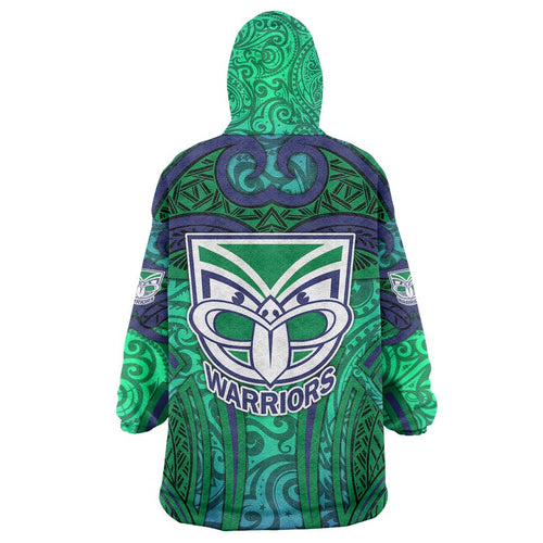 New Zealand Warriors Rugby Wearable Blanket Hoodie Polynesian Tribal Warrior Mask Green Blue Pattern