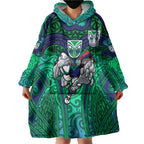 New Zealand Warriors Rugby Wearable Blanket Hoodie Polynesian Tribal Warrior Mask Green Blue Pattern