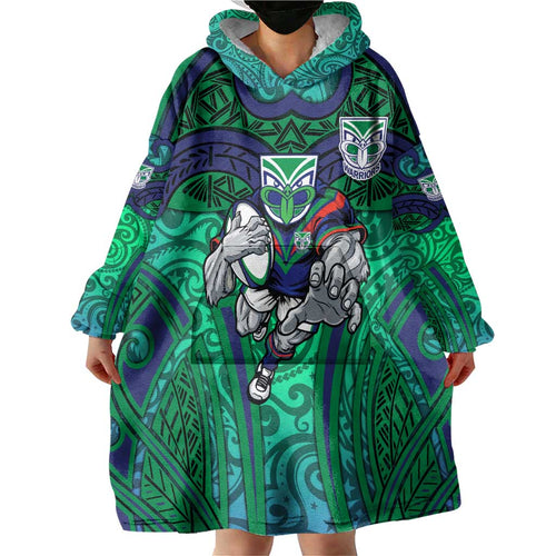 New Zealand Warriors Rugby Wearable Blanket Hoodie Polynesian Tribal Warrior Mask Green Blue Pattern