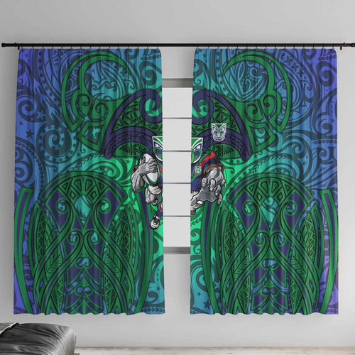 New Zealand Warriors Rugby Window Curtain Polynesian Tribal Warrior Mask Green Blue Pattern