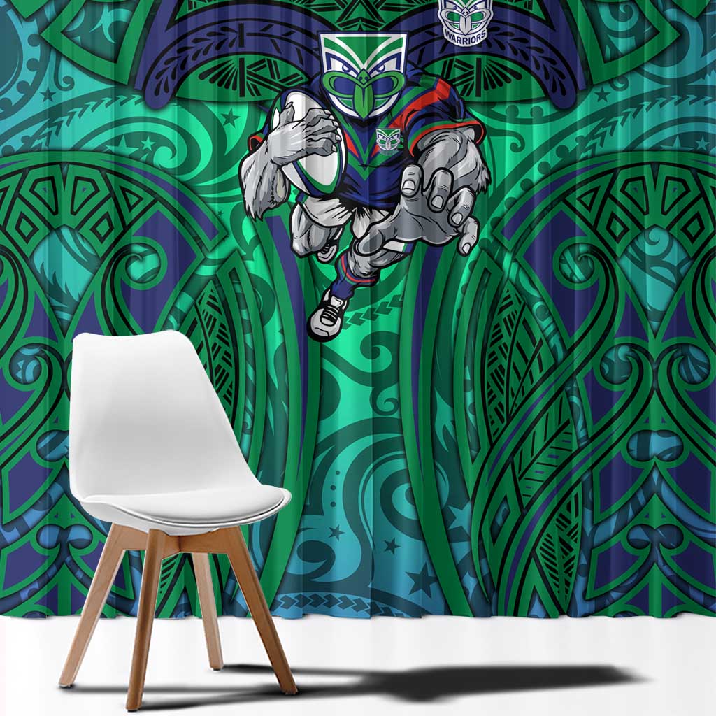 New Zealand Warriors Rugby Window Curtain Polynesian Tribal Warrior Mask Green Blue Pattern