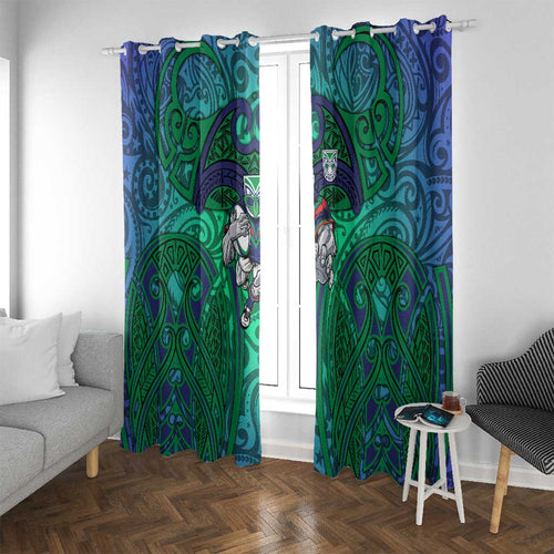 New Zealand Warriors Rugby Window Curtain Polynesian Tribal Warrior Mask Green Blue Pattern