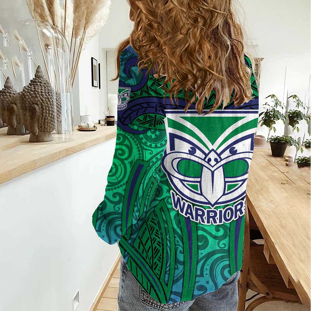 New Zealand Warriors Rugby Women Casual Shirt Polynesian Tribal Warrior Mask Green Blue Pattern