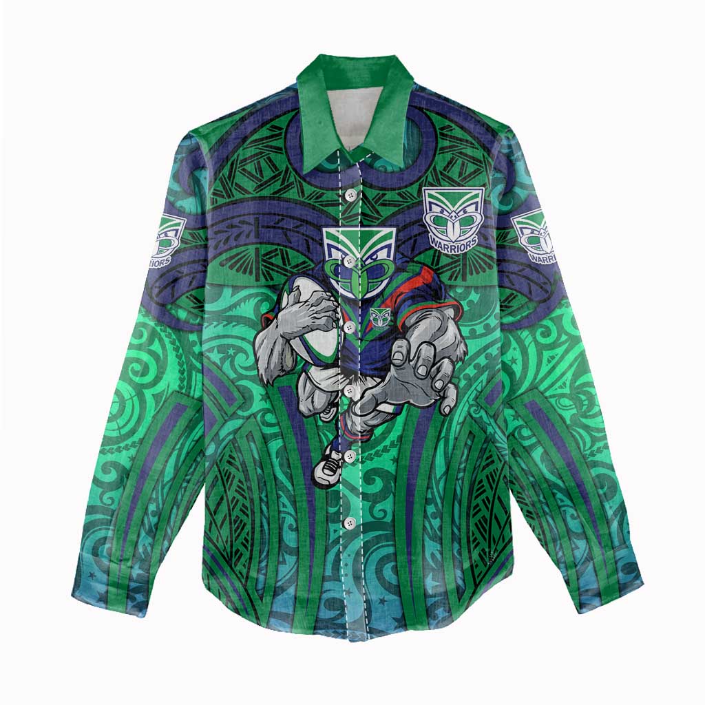 New Zealand Warriors Rugby Women Casual Shirt Polynesian Tribal Warrior Mask Green Blue Pattern