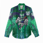 New Zealand Warriors Rugby Women Casual Shirt Polynesian Tribal Warrior Mask Green Blue Pattern