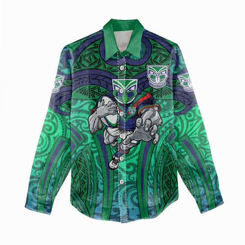 New Zealand Warriors Rugby Women Casual Shirt Polynesian Tribal Warrior Mask Green Blue Pattern