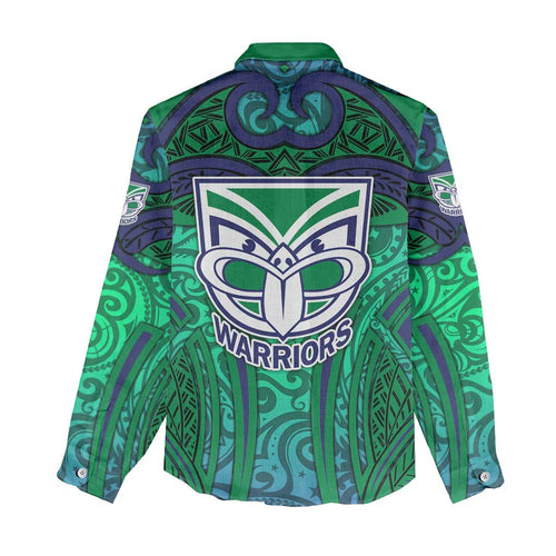 New Zealand Warriors Rugby Women Casual Shirt Polynesian Tribal Warrior Mask Green Blue Pattern