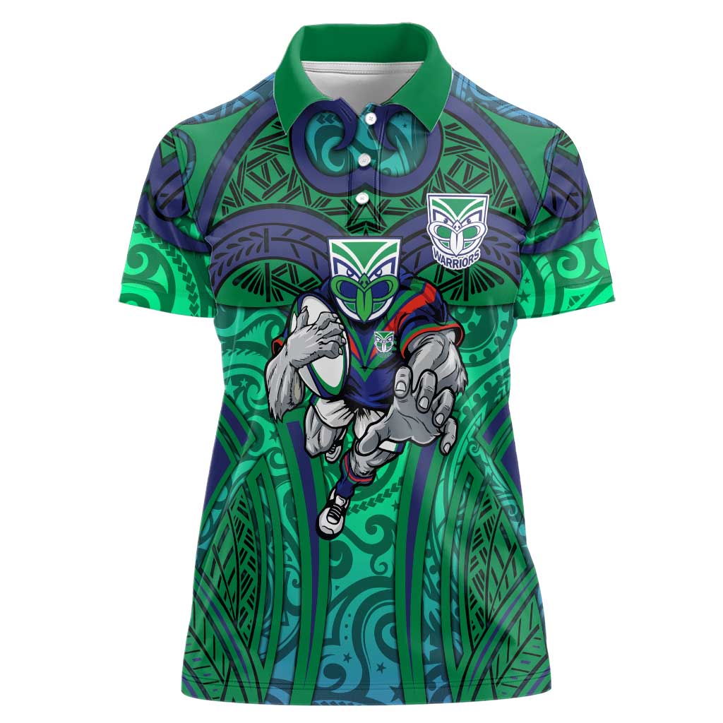 New Zealand Warriors Rugby Women Polo Shirt Polynesian Tribal Warrior Mask Green Blue Pattern