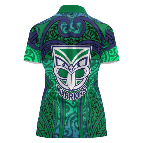 New Zealand Warriors Rugby Women Polo Shirt Polynesian Tribal Warrior Mask Green Blue Pattern