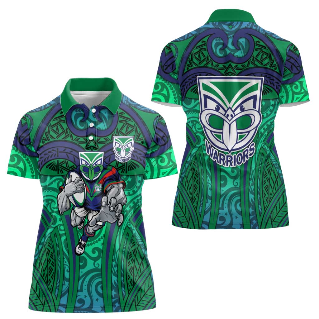 New Zealand Warriors Rugby Women Polo Shirt Polynesian Tribal Warrior Mask Green Blue Pattern