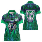 New Zealand Warriors Rugby Women Polo Shirt Polynesian Tribal Warrior Mask Green Blue Pattern