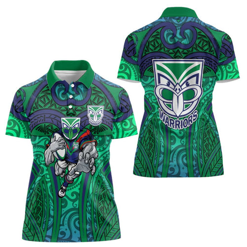 New Zealand Warriors Rugby Women Polo Shirt Polynesian Tribal Warrior Mask Green Blue Pattern