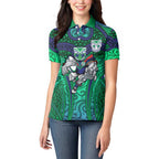 New Zealand Warriors Rugby Women Polo Shirt Polynesian Tribal Warrior Mask Green Blue Pattern