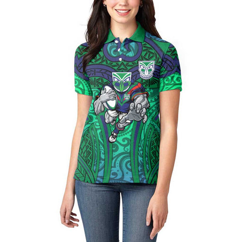 New Zealand Warriors Rugby Women Polo Shirt Polynesian Tribal Warrior Mask Green Blue Pattern