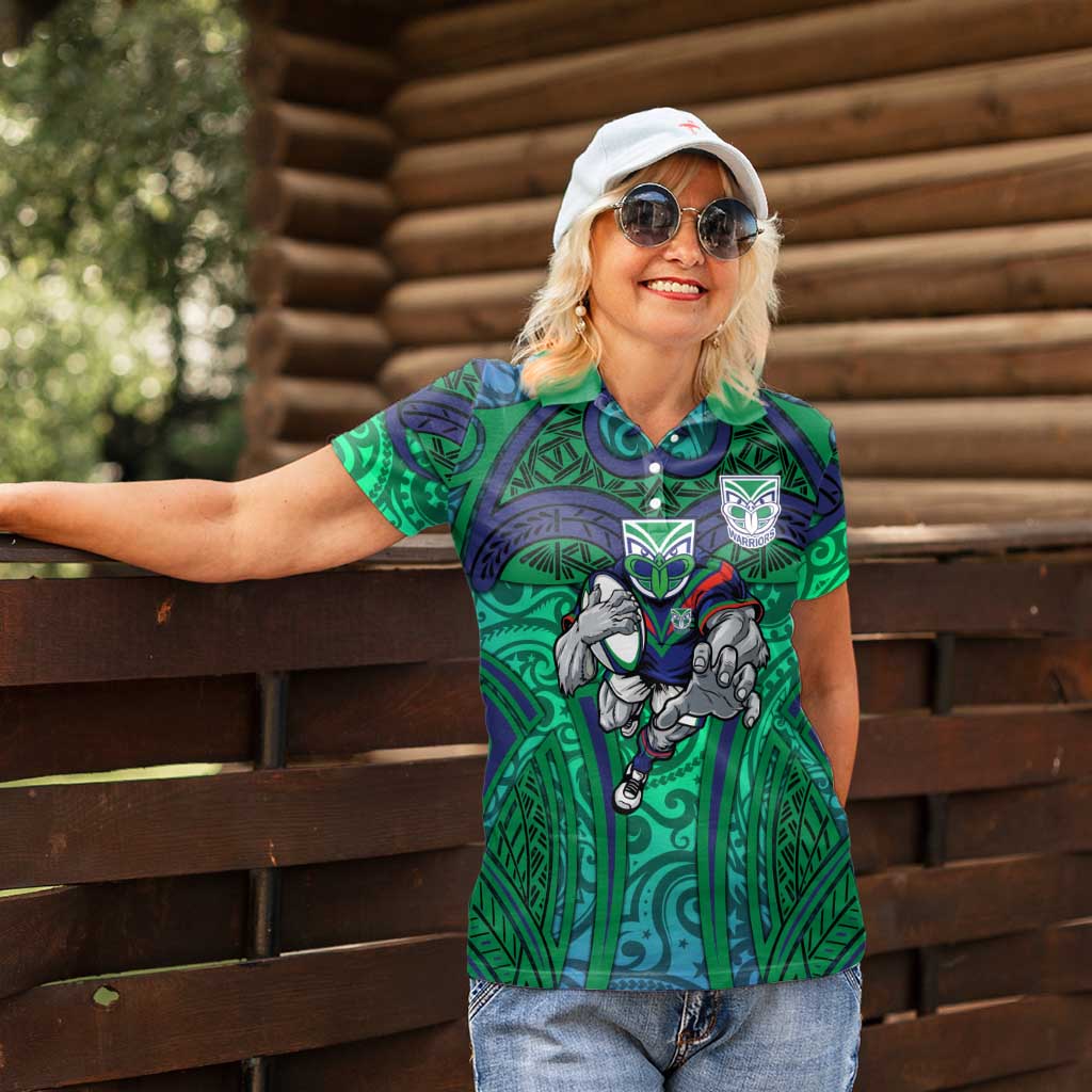 New Zealand Warriors Rugby Women Polo Shirt Polynesian Tribal Warrior Mask Green Blue Pattern