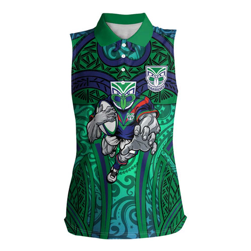 New Zealand Warriors Rugby Women Sleeveless Polo Shirt Polynesian Tribal Warrior Mask Green Blue Pattern
