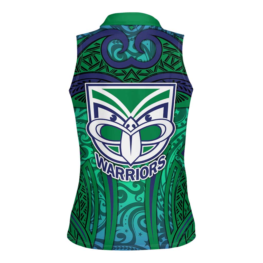 New Zealand Warriors Rugby Women Sleeveless Polo Shirt Polynesian Tribal Warrior Mask Green Blue Pattern