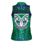 New Zealand Warriors Rugby Women Sleeveless Polo Shirt Polynesian Tribal Warrior Mask Green Blue Pattern