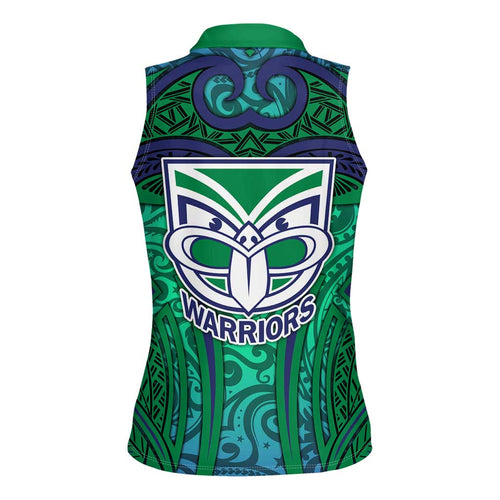 New Zealand Warriors Rugby Women Sleeveless Polo Shirt Polynesian Tribal Warrior Mask Green Blue Pattern