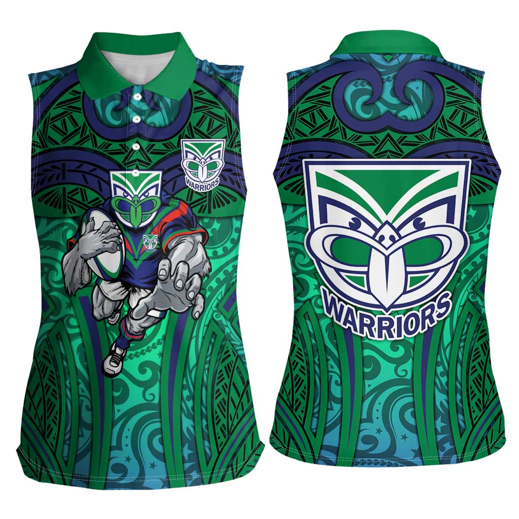 New Zealand Warriors Rugby Women Sleeveless Polo Shirt Polynesian Tribal Warrior Mask Green Blue Pattern
