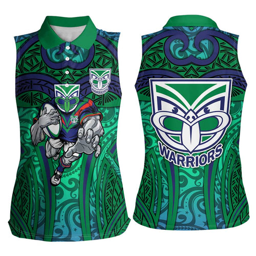 New Zealand Warriors Rugby Women Sleeveless Polo Shirt Polynesian Tribal Warrior Mask Green Blue Pattern