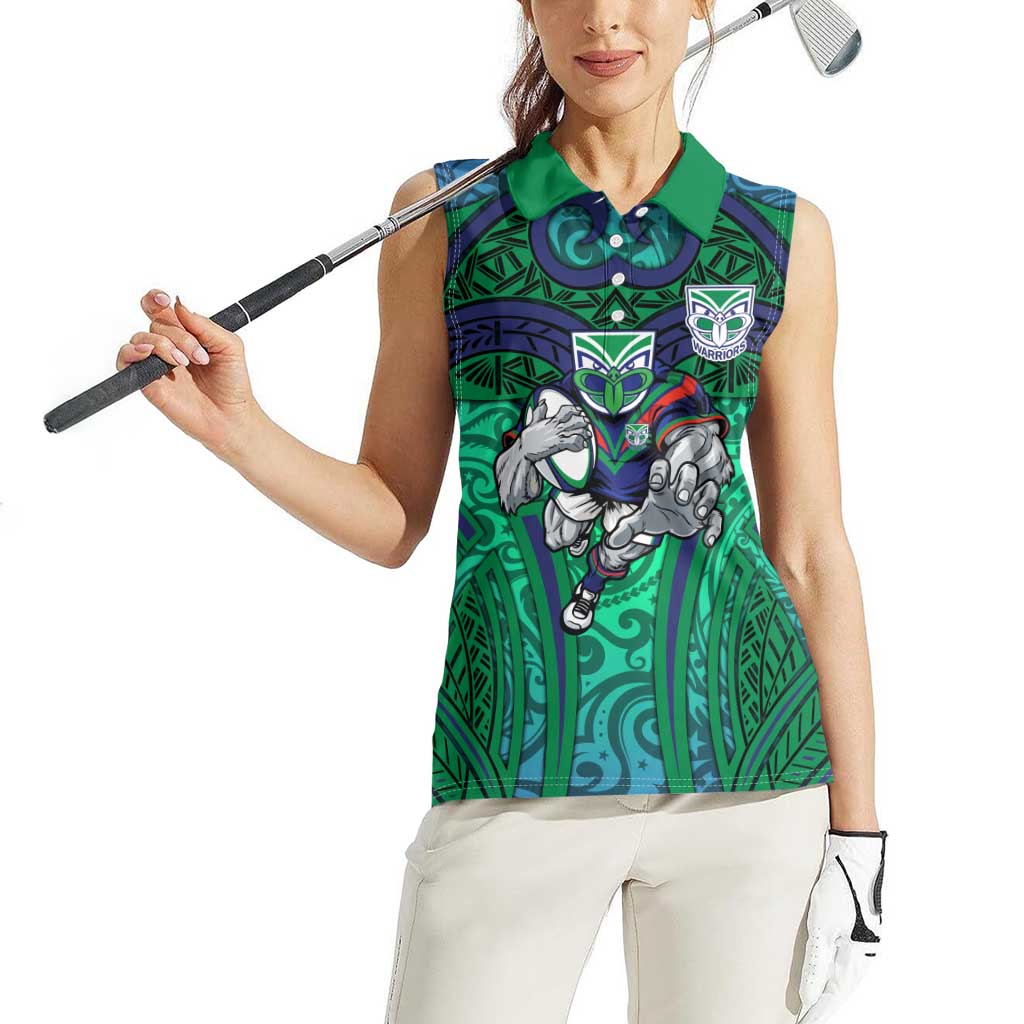 New Zealand Warriors Rugby Women Sleeveless Polo Shirt Polynesian Tribal Warrior Mask Green Blue Pattern