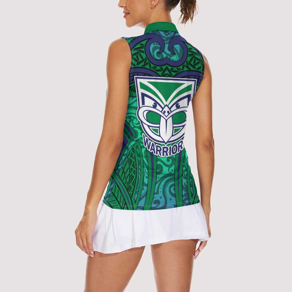 New Zealand Warriors Rugby Women Sleeveless Polo Shirt Polynesian Tribal Warrior Mask Green Blue Pattern