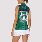 New Zealand Warriors Rugby Women Sleeveless Polo Shirt Polynesian Tribal Warrior Mask Green Blue Pattern