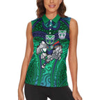 New Zealand Warriors Rugby Women Sleeveless Polo Shirt Polynesian Tribal Warrior Mask Green Blue Pattern
