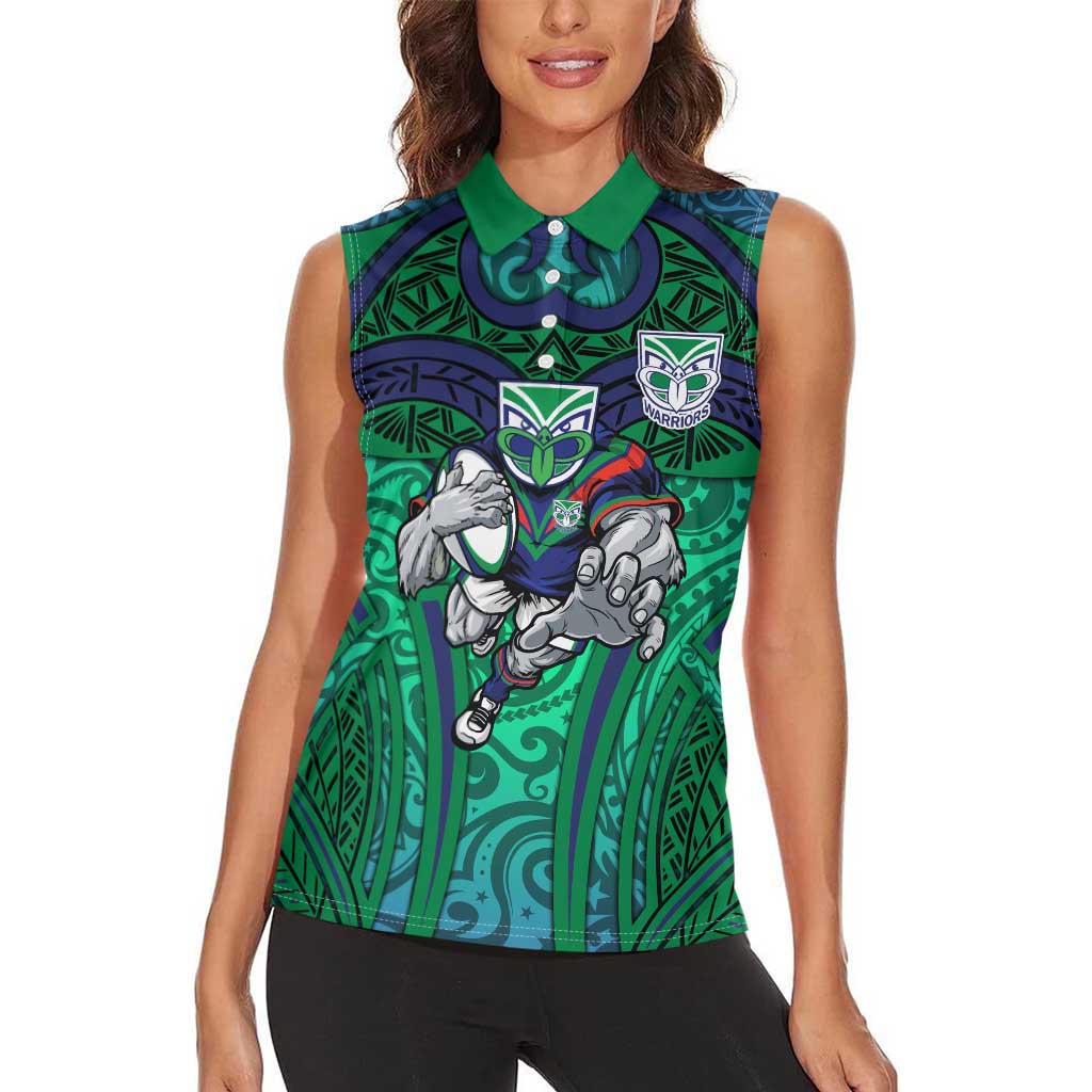 New Zealand Warriors Rugby Women Sleeveless Polo Shirt Polynesian Tribal Warrior Mask Green Blue Pattern