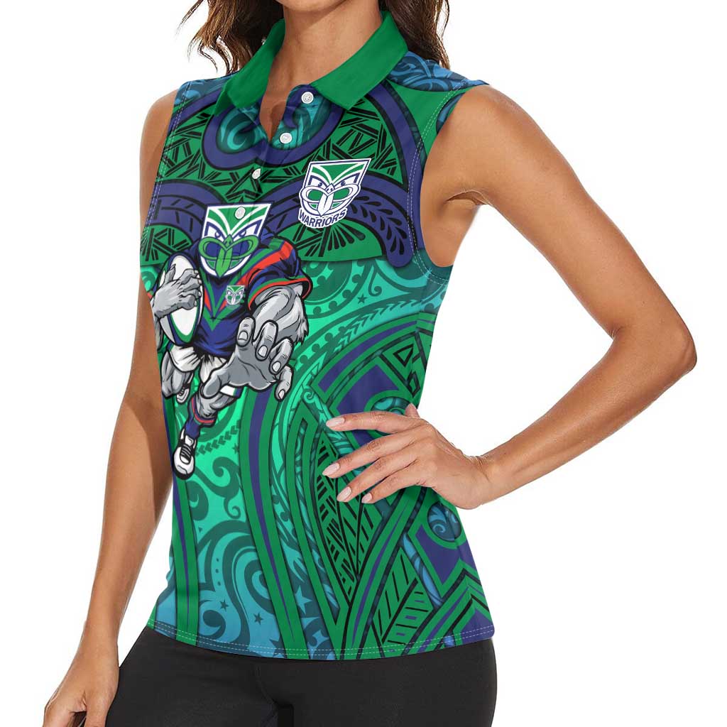 New Zealand Warriors Rugby Women Sleeveless Polo Shirt Polynesian Tribal Warrior Mask Green Blue Pattern